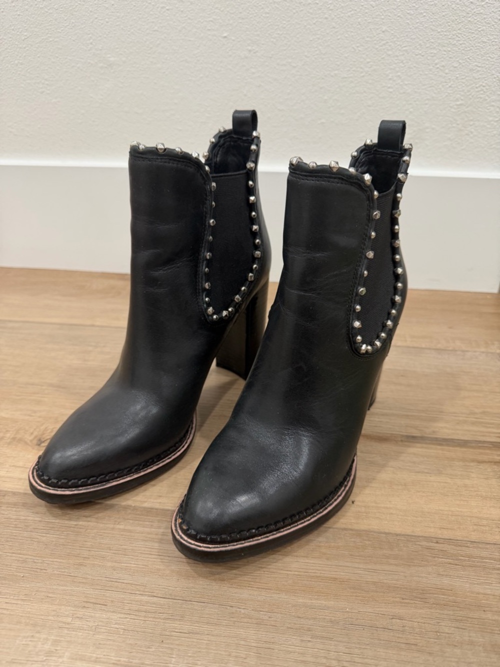 Women's Black Studded Leather Ankle Boot - Fashion Heel
